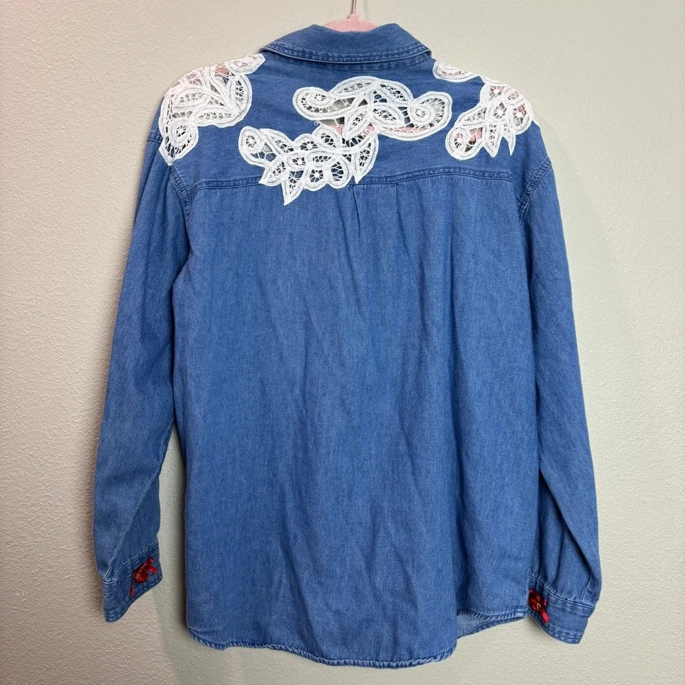 PTNY Denim Shirt Lace Applique Rose Accents Western Blouse‎ Size Large 90s
